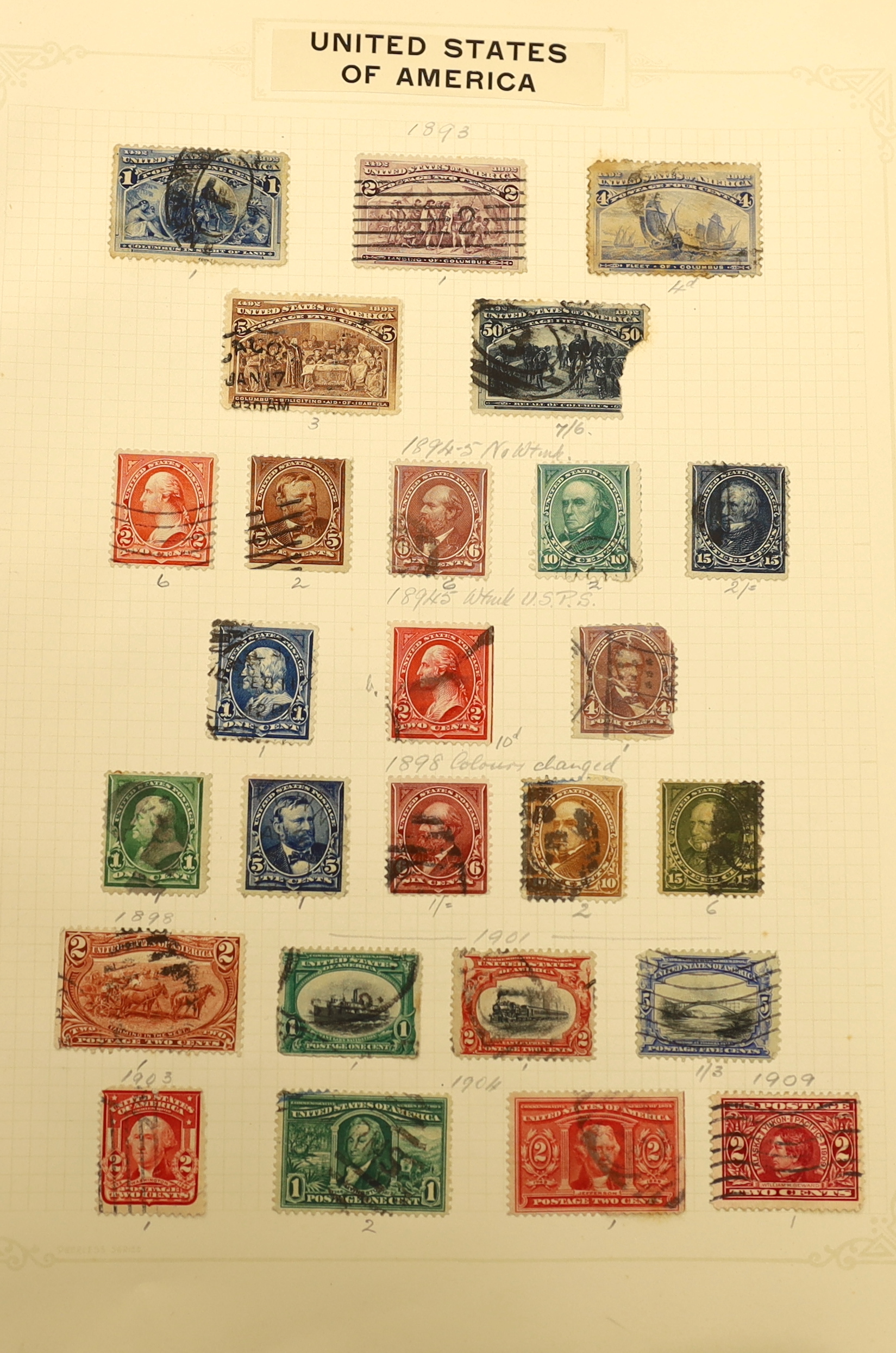 An old time collection of stamps in an album with Great Britain from 1840 1d and 2d used, etc